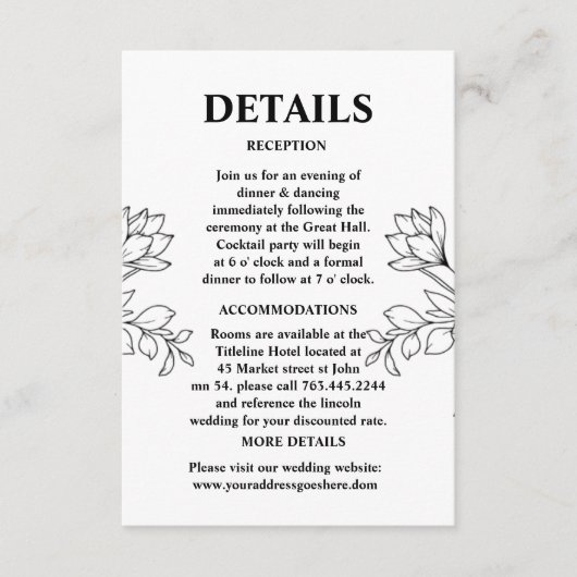 Handgetekende Wildflower Pattern Wedding Details Informatiekaartje (Voorkant)