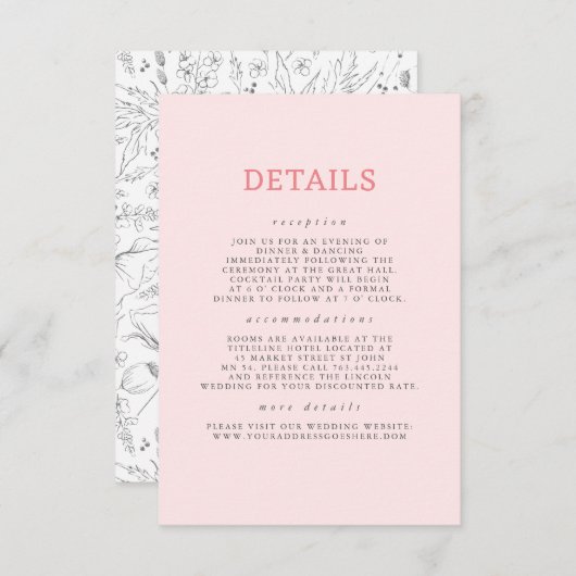 Handgetekende Wildflower Pattern Wedding Details Informatiekaartje (Voorkant / Achterkant)