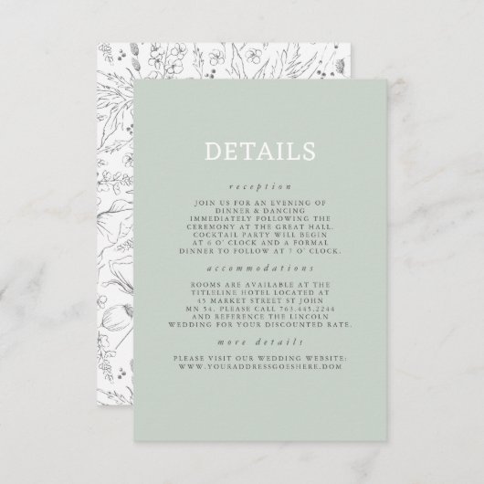 Handgetekende Wildflower Pattern Wedding Details Informatiekaartje (Voorkant / Achterkant)