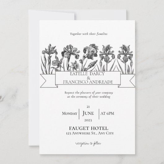 Handgetekende wildflower zwart-wit bruiloft kaart (Voorkant)