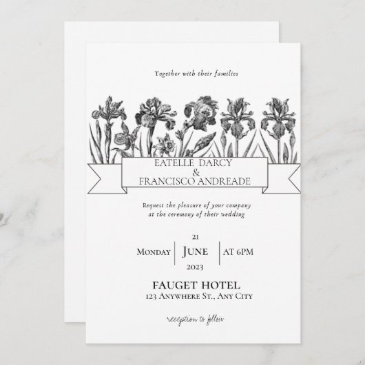 Handgetekende wildflower zwart-wit bruiloft kaart (Voorkant / Achterkant)