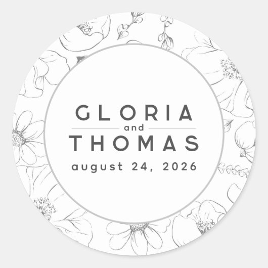 Handgetekende Wildflowers Bruiloft Ronde Sticker (Voorkant)