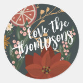 Handgetekende winterbloemen & Sinaasappels Ronde Sticker (Voorkant)
