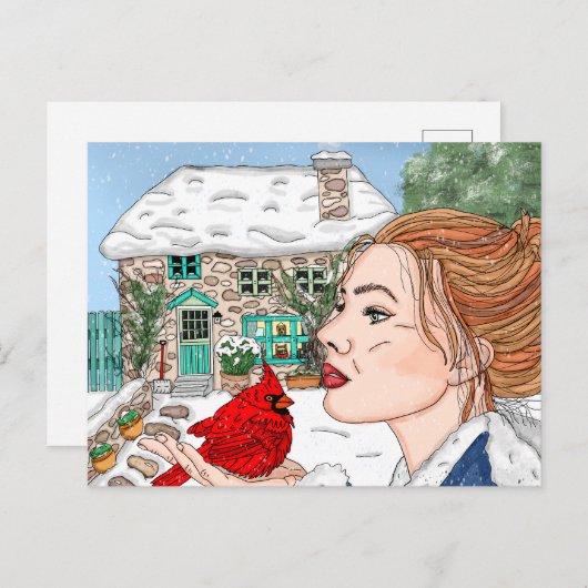 Handgetekende Winterdag, Engels Cottage Briefkaart (Voorkant / Achterkant)