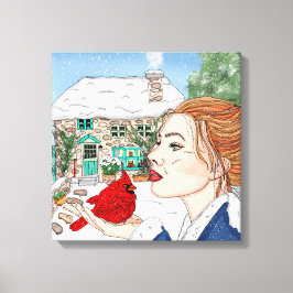 Handgetekende Winterdag, Engels Cottage Canvas Afdruk