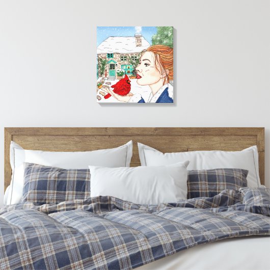 Handgetekende Winterdag, Engels Cottage Canvas Afdruk (Insitu (Slaapkamer))