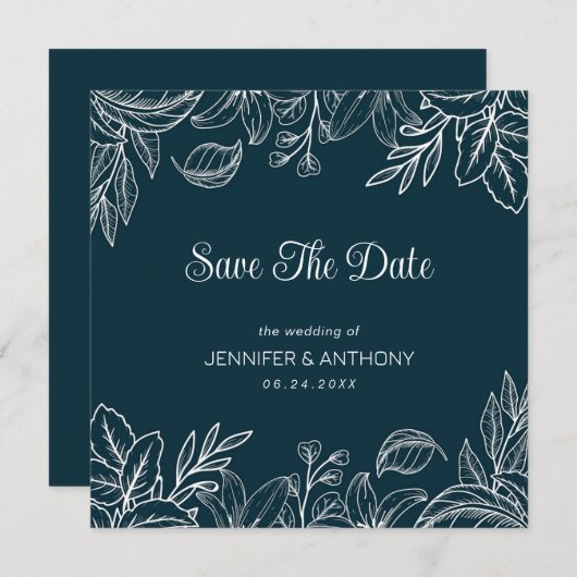 Handgetekende witte bladeren save the date (Voorkant / Achterkant)