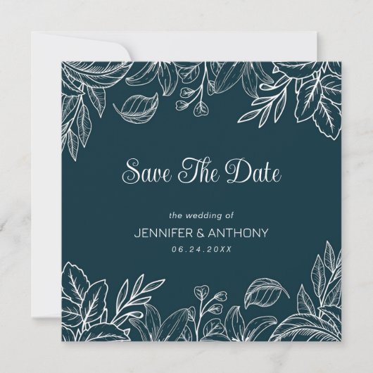 Handgetekende witte bladeren save the date (Voorkant)