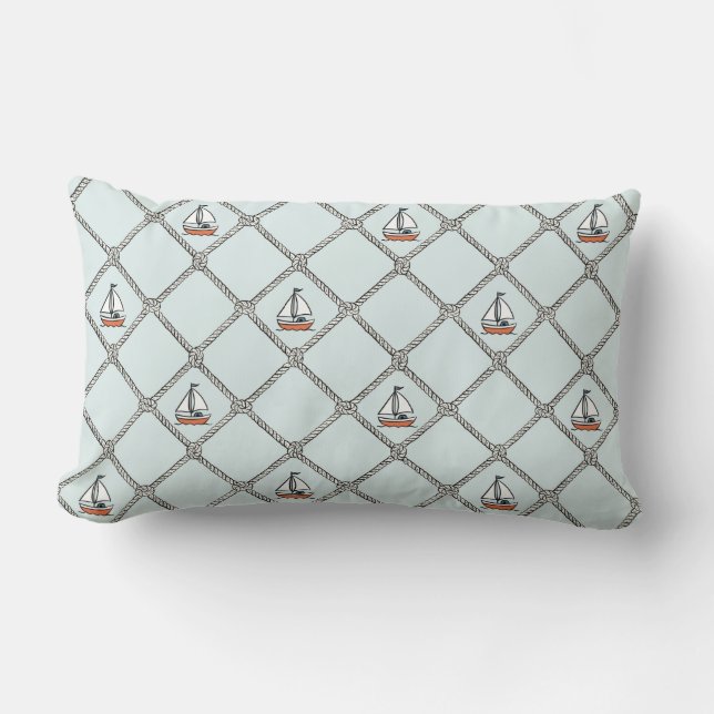 Handgetekende zeilboot met touw kussen (Voorkant)