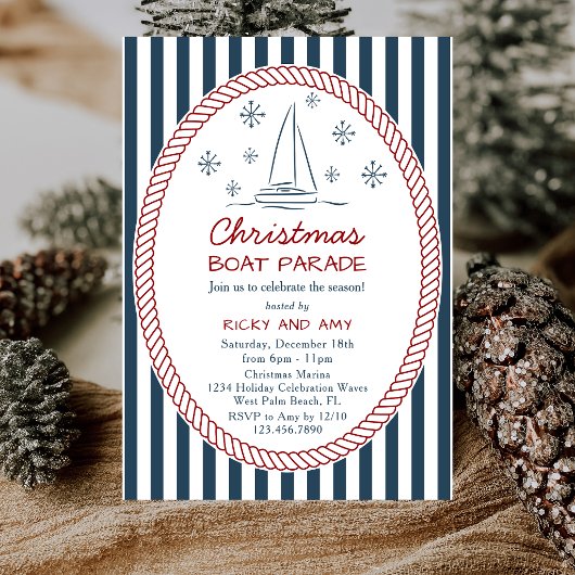 Handgetekende zeilbootstrepen Kerstbootparade Kaart