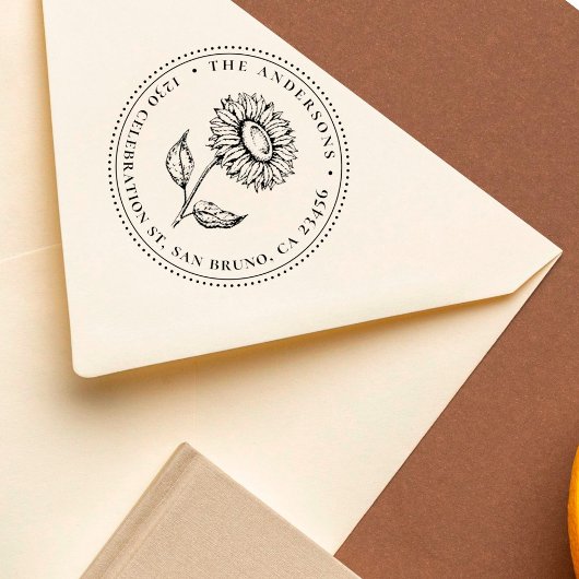 Handgetekende Zonnebloem Ronde Familie Retouradres Zelfinktende Stempel