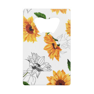 Handgetekende zonnebloemen: levendig geel patroon. creditkaart flessenopener