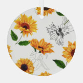 Handgetekende zonnebloemen: levendig geel patroon. glas ornament (Achterkant)