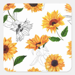 Handgetekende zonnebloemen: levendig geel patroon. vierkante sticker