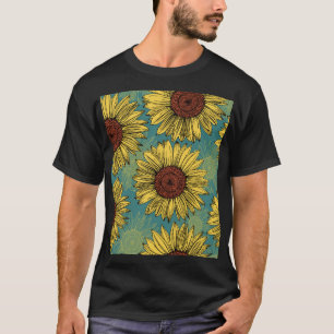 Handgetekende zonnebloemen Mint blauw T-shirt