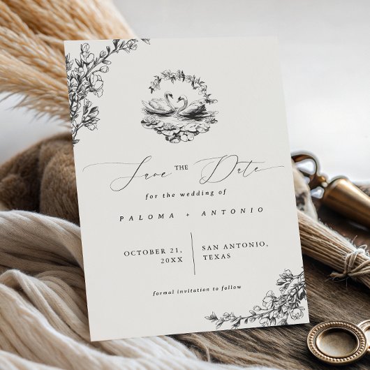 Handgetekende Zwaan Vintage Bloem Bruiloft Save The Date