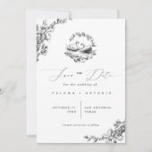 Handgetekende Zwaan Vintage Bloemen Bruiloft Save The Date (Voorkant)