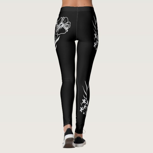 Handgetekende Zwart-wit Bloemen Leggings (Achterkant)