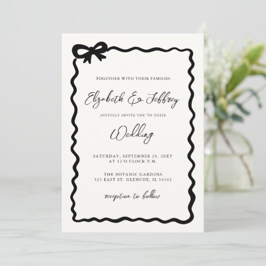 Handgetekende zwarte boog moderne chique bruiloft kaart (Staand voorkant)