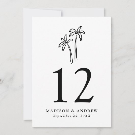 Handgetekende zwarte palmbomen Trouwtafelnummer Kaart (Voorkant)