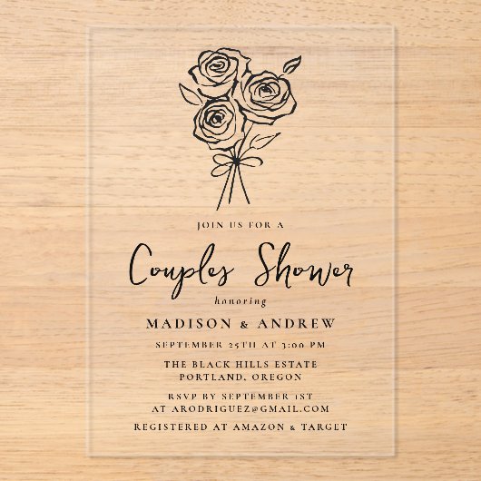 Handgetekende zwarte Roos paren Vrijgezellenfeest Acryl Uitnodigingen (Voorkant)