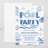 handgetekende zwembadfeestje voor kinderen, zwemfe kaart (Voorkant / Achterkant)