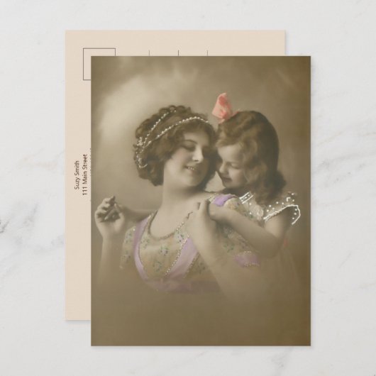  handgetinte moeder/dochter portret feestdagenkaart (Voorkant / Achterkant)