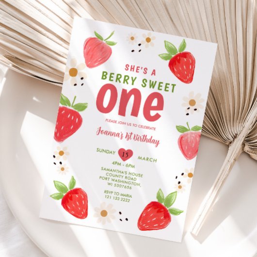 Handgetrokken Aardbei Sweet One Berry 1e verjaarda Kaart