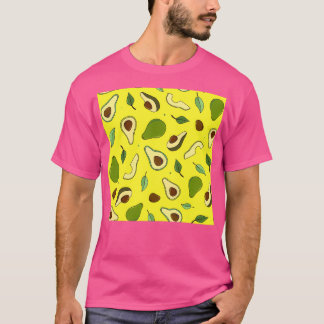 Handgetrokken avocado's en bladeren op geel t-shirt