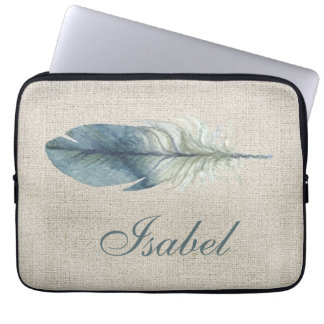 Handgetrokken blauw grijs waterverf veer licht bei laptop sleeve