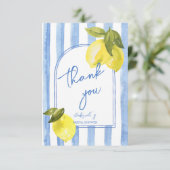 Handgetrokken blauw strepen citroenen vrijgezellen bedankkaart (Staand voorkant)