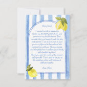 Handgetrokken blauw strepen citroenen vrijgezellen bedankkaart (Achterkant)