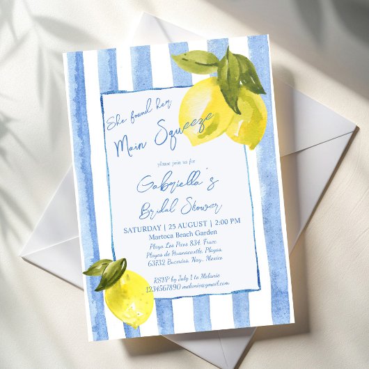 Handgetrokken blauw strepen citroenen vrijgezellen kaart