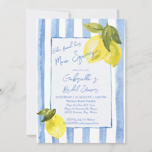 Handgetrokken blauw strepen citroenen vrijgezellen kaart (Voorkant)