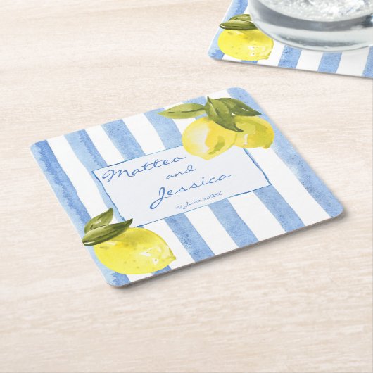 Handgetrokken blauwe strepen citroenen Italiaanse  Kartonnen Onderzetters (Schuin)
