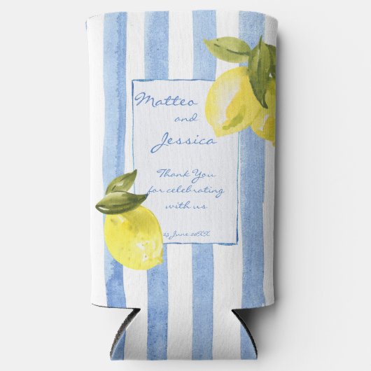 Handgetrokken blauwe strepen citroenen Italiaanse Seltzer Blikjeskoeler (Voorkant)