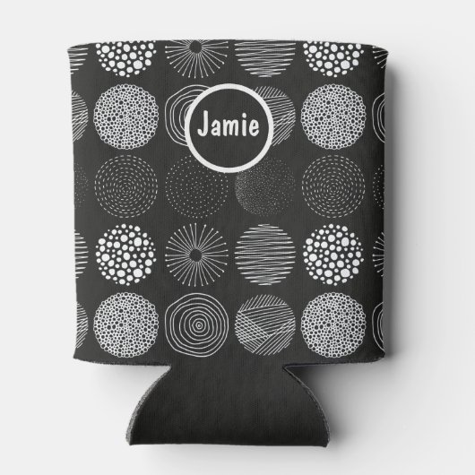 Handgetrokken cirkels Abstract zwart/wit B/W Blikjeskoeler (Achterkant)