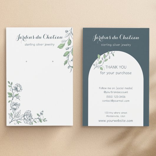 Handgetrokken Franse botanische oorbel display kaa Visitekaartje