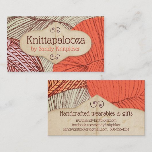 Handgetrokken garen, brei- en haakwerk, visitekaar visitekaartje (Voorkant / Achterkant)