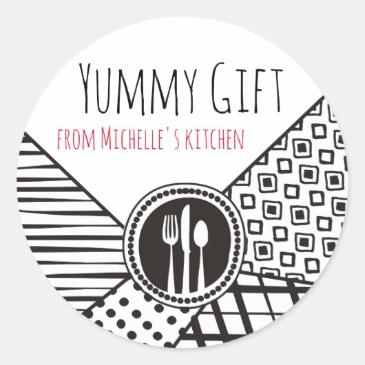 Handgetrokken gemengd patronen keukengerei chef ca ronde sticker (Voorkant)