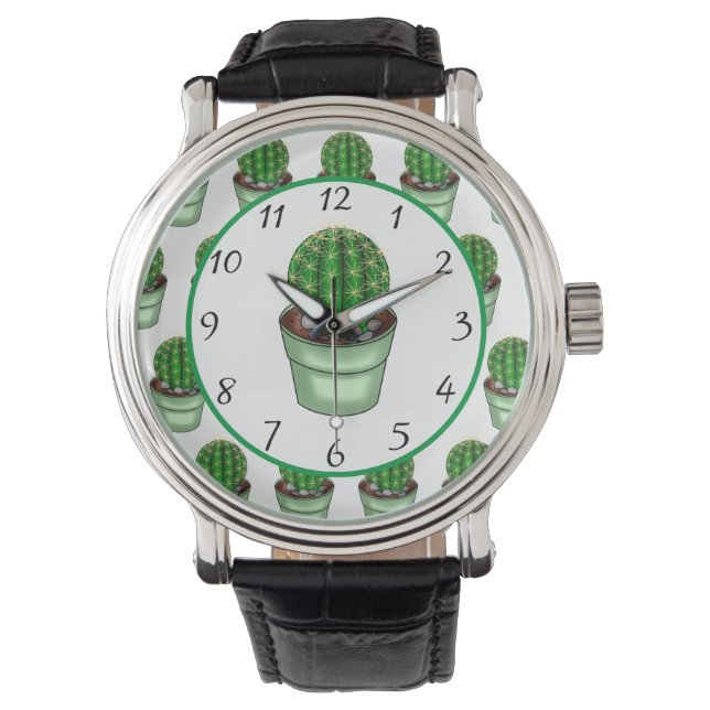 Handgetrokken huisplant Cacti Horloge (Voorkant)