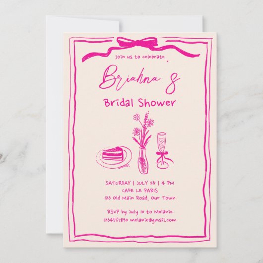 Handgetrokken krabbel retro roze lint vrijgezellen kaart (Voorkant)