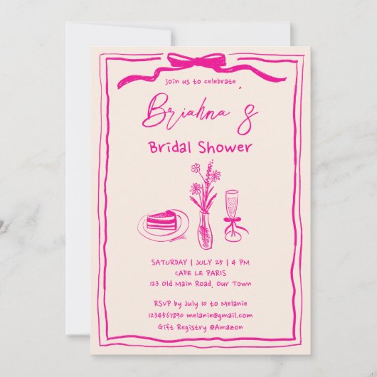 Handgetrokken krabbel retro roze lint vrijgezellen kaart (Voorkant)