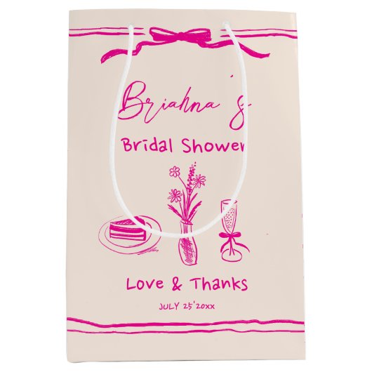 Handgetrokken krabbel retro roze lint vrijgezellen medium cadeauzakje (Voorkant)