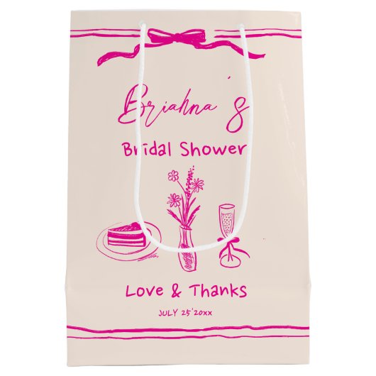 Handgetrokken krabbel retro roze lint vrijgezellen medium cadeauzakje (Achterkant)