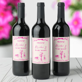 Handgetrokken krabbel retro roze lint vrijgezellen wijn etiket