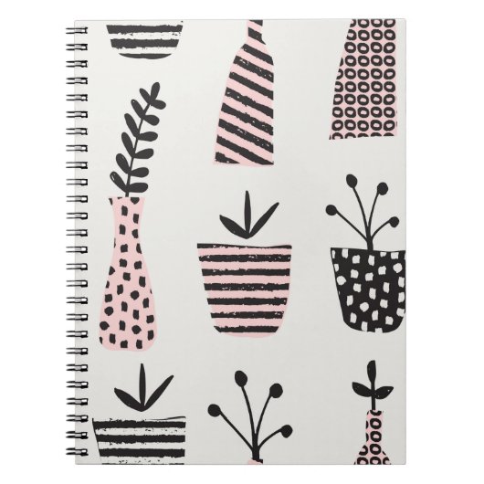 Handgetrokken naadloos patroon met planten in zwar notitieboek (Voorkant)