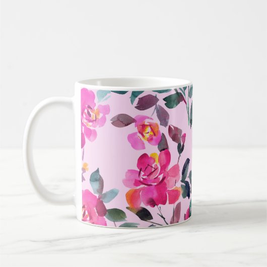 Handgetrokken waterverf opulente rozen. Floral-zee Koffiemok (Links)