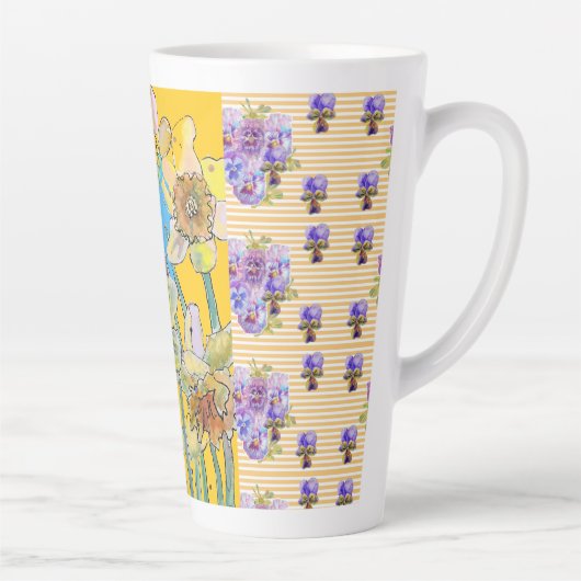 Handgeverfd Blauw Geel Daffodil florale Latte Mok (Rechts)