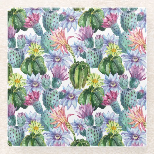 Handgeverfde Waterverf Cactus Patroon Glazen Onderzetter (Voorkant)